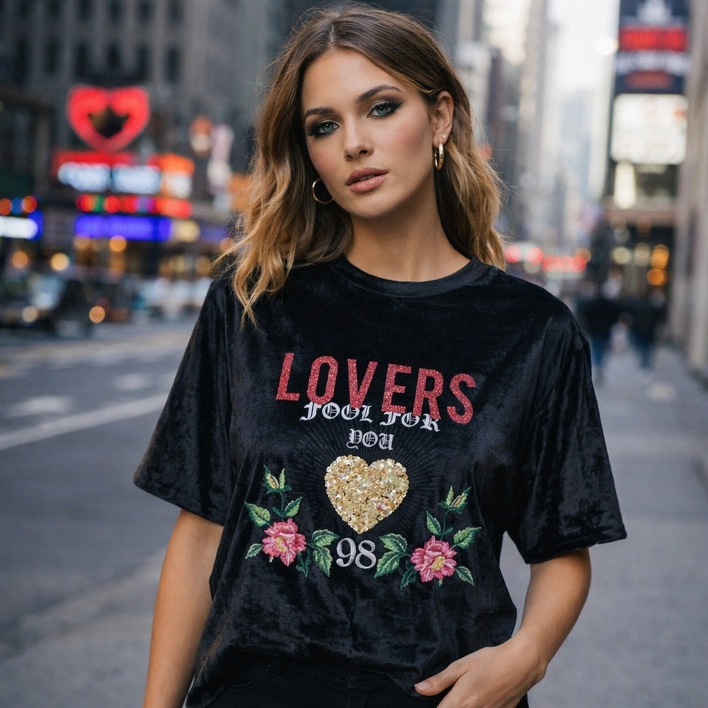 Topshop Black Velvet Graphic Tee “Lovers” Floral Heart Embroidered Top